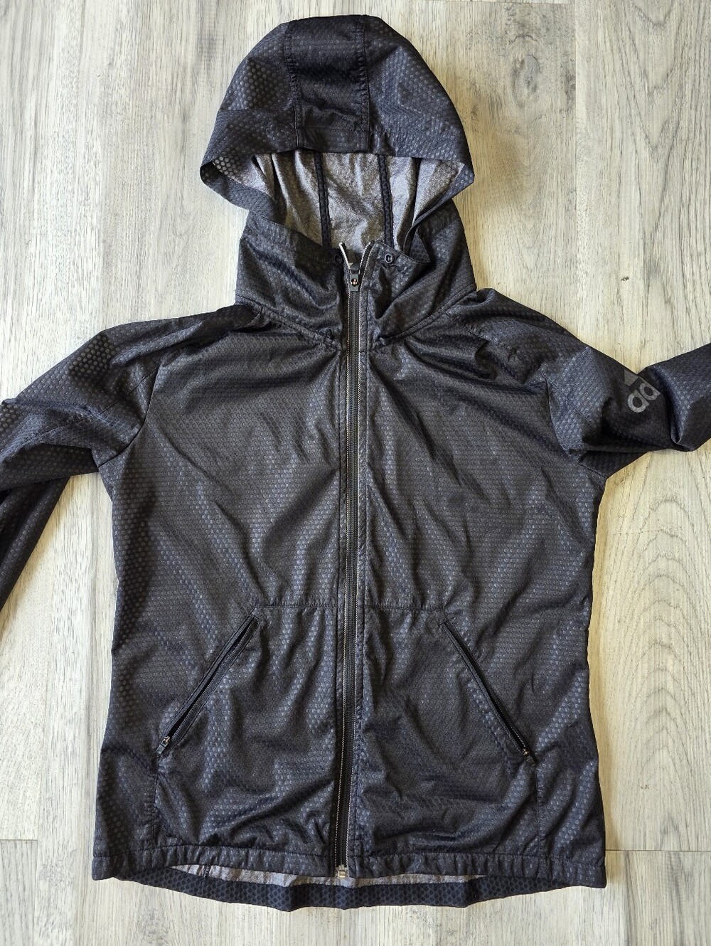 Adidas Climastorm Womens Medium Hooded Running Jacket Black Full Zip Windbreaker